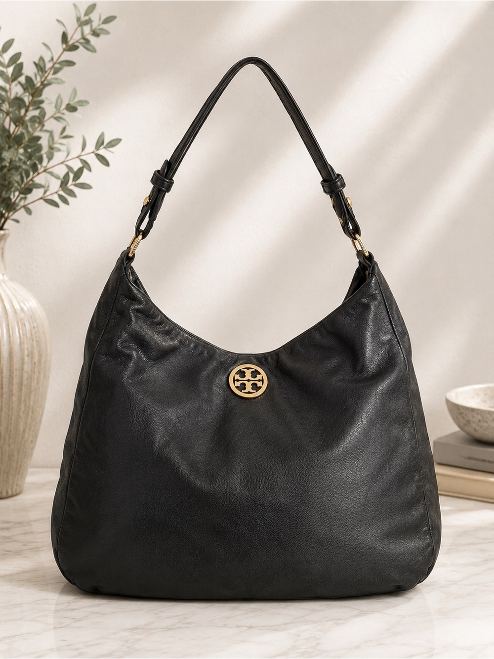 Tory Burch Black Leather Slouchy Hobo Shoulder Bag Gold Logo